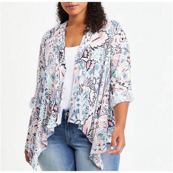 TORRID Plus 1X Gauze Roll Tab Sleeve Tunic Floral Open From Cardigan Waterfall‎ - Picture 1 of 12